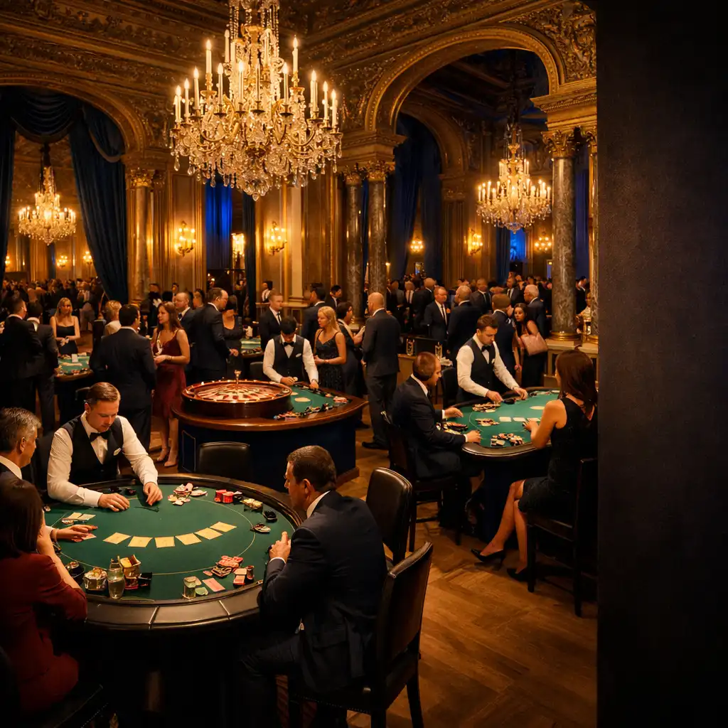 Salle de réception organisée avec espaces poker, roulette et blackjack pour un événement d’entreprise