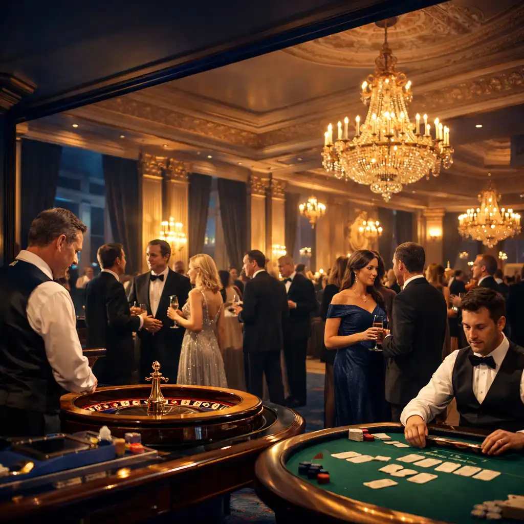 Réception de gala avec tables de poker et de roulette animées par un croupier professionnel