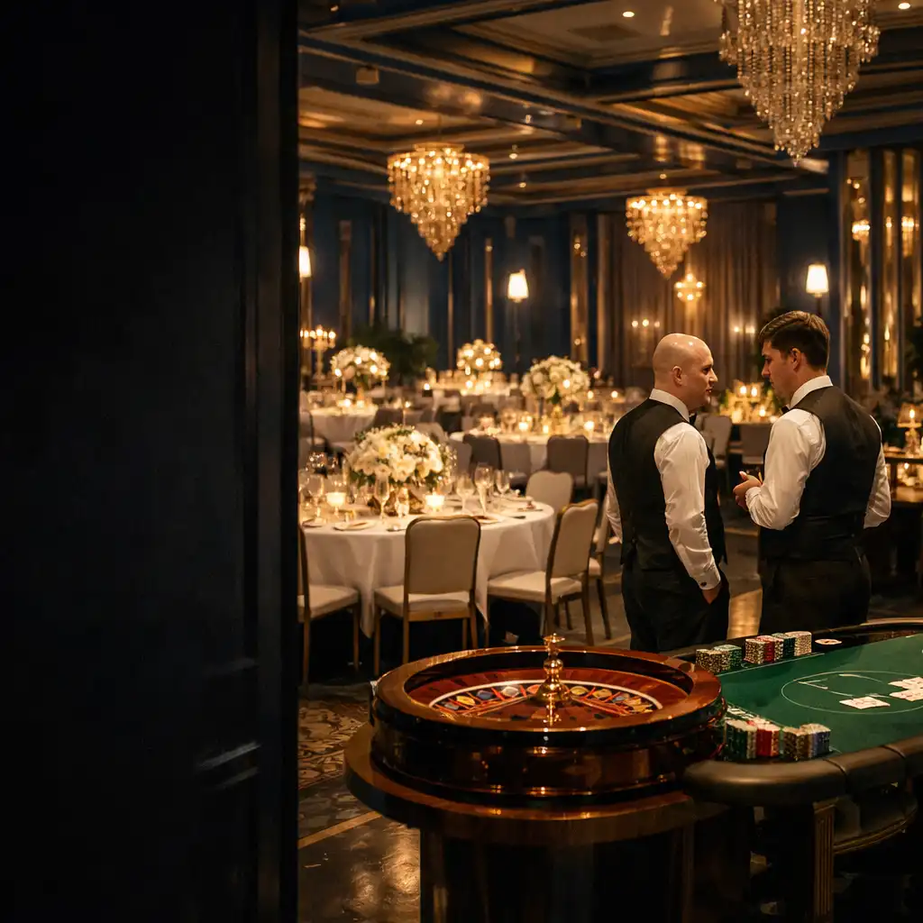 Salle de réception française préparée pour un gala avec tables de poker et de roulette hors ligne et croupiers professionnels