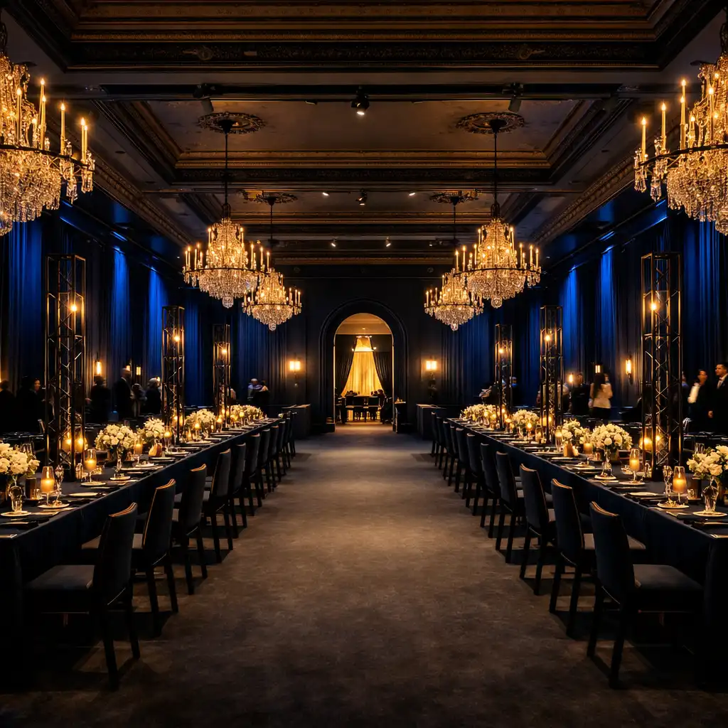 Salle de bal contemporaine préparée pour un gala d’entreprise avec lumière bleu nuit et champagne
