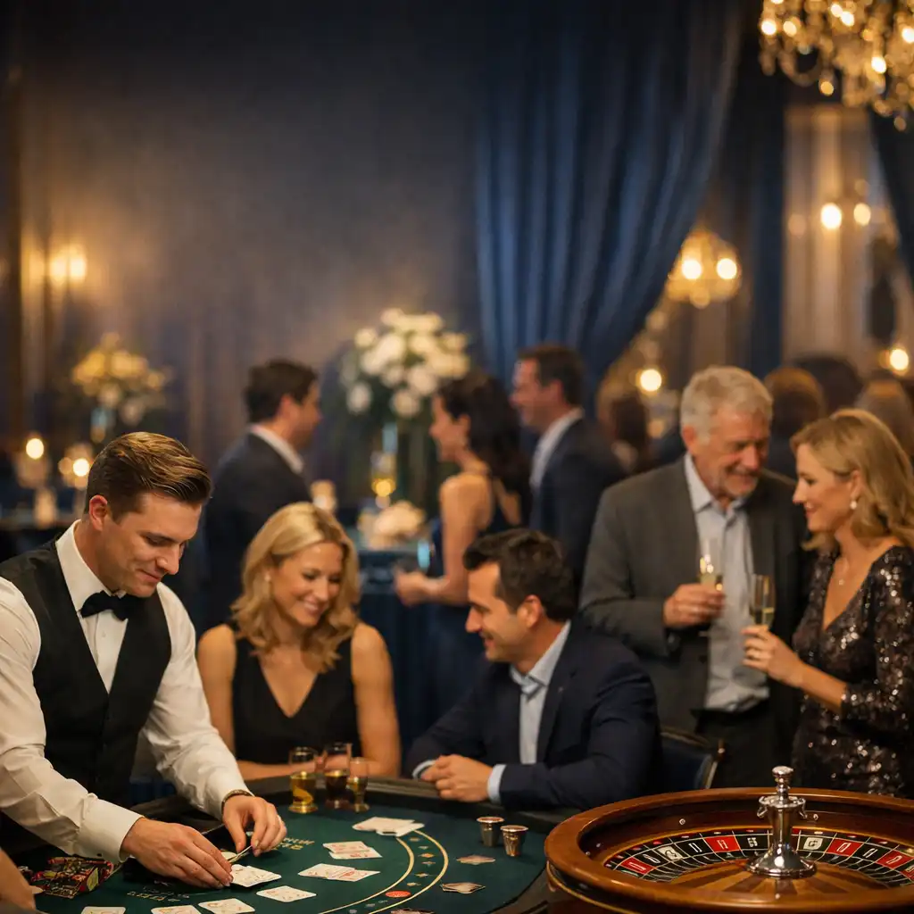 Animation jeux mobile hors ligne avec roulette, blackjack et croupiers professionnels lors d’une soirée d’entreprise