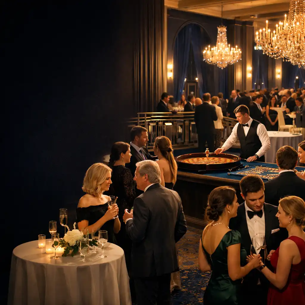 Réception d’entreprise élégante avec invités et croupier professionnel dans une salle de gala