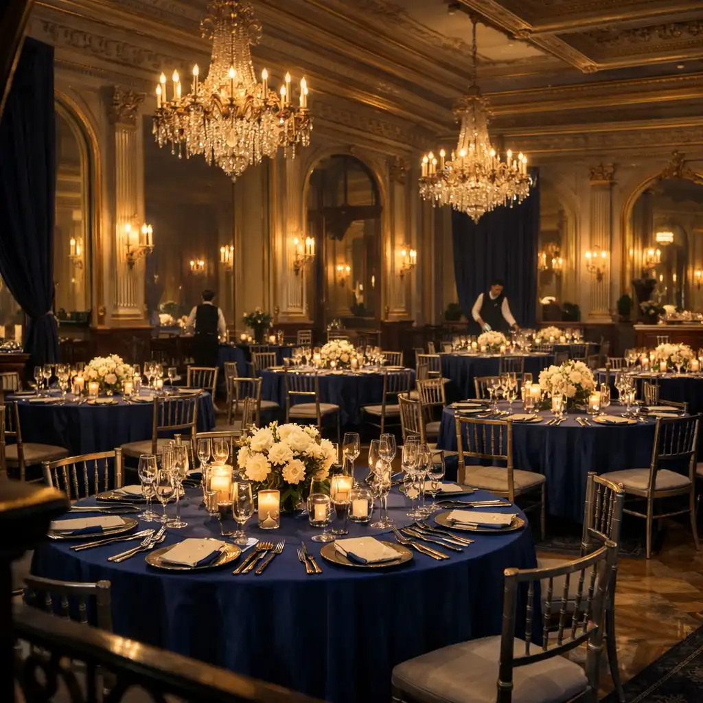 Grande salle de réception française préparée avec tables dressées et lumière champagne