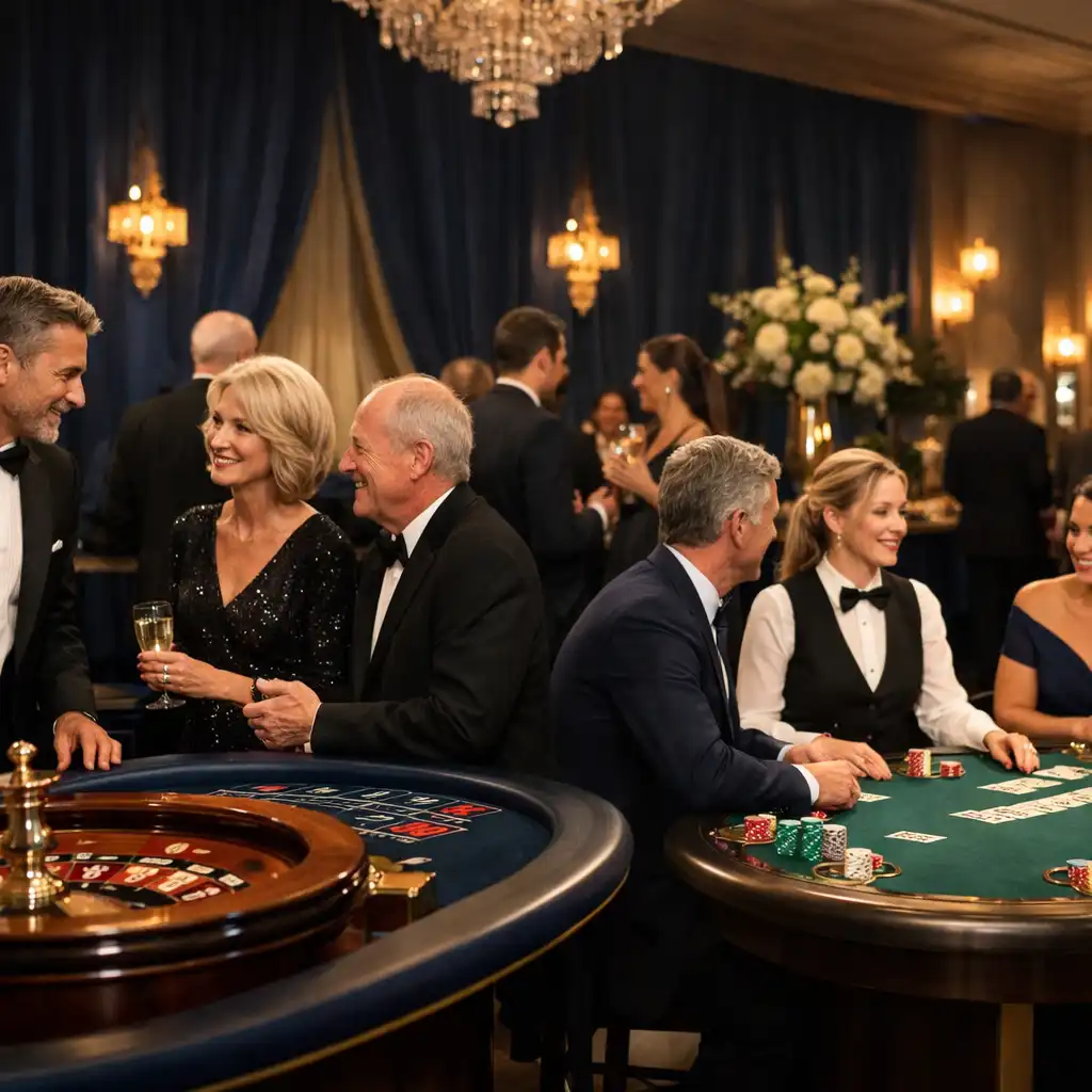 Table de roulette et tapis de poker intégrés à une réception de gala avec croupiers professionnels