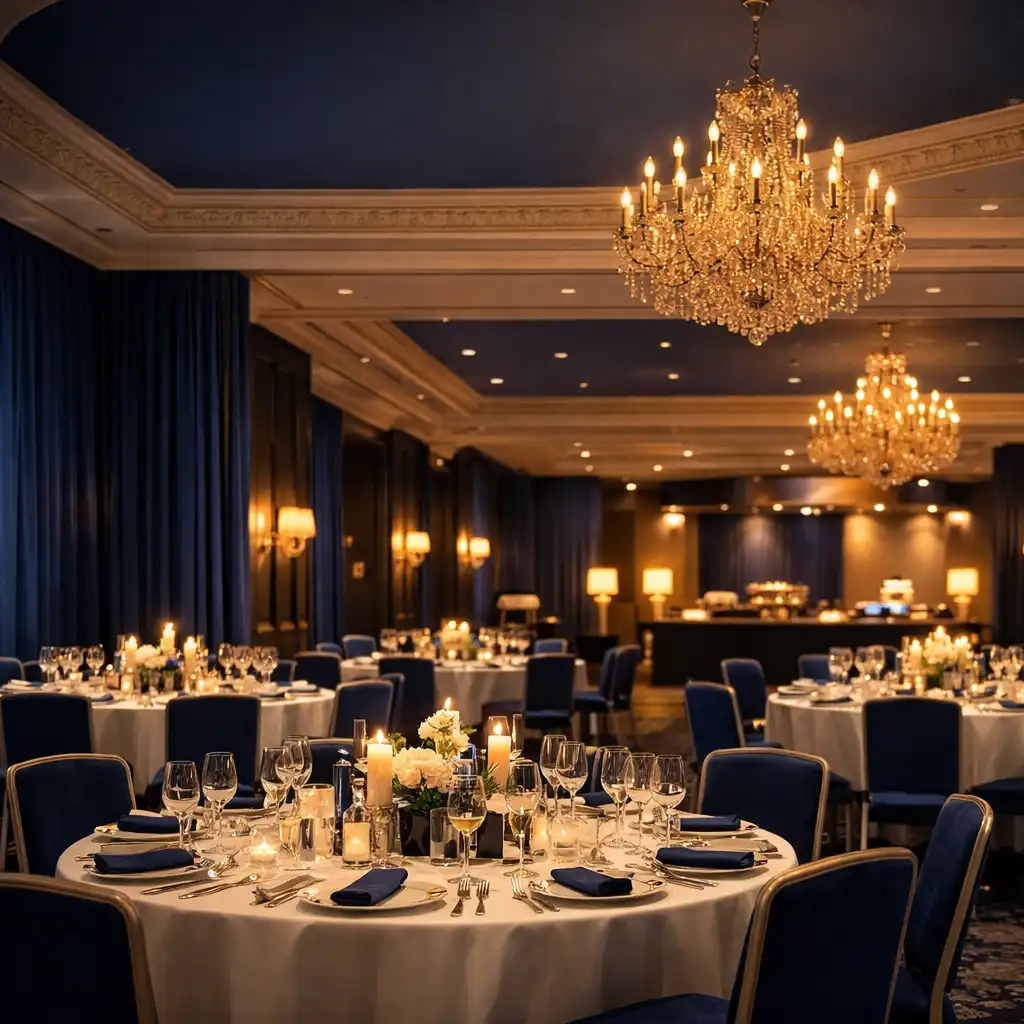 Salle de gala contemporaine préparée pour une réception nocturne élégante