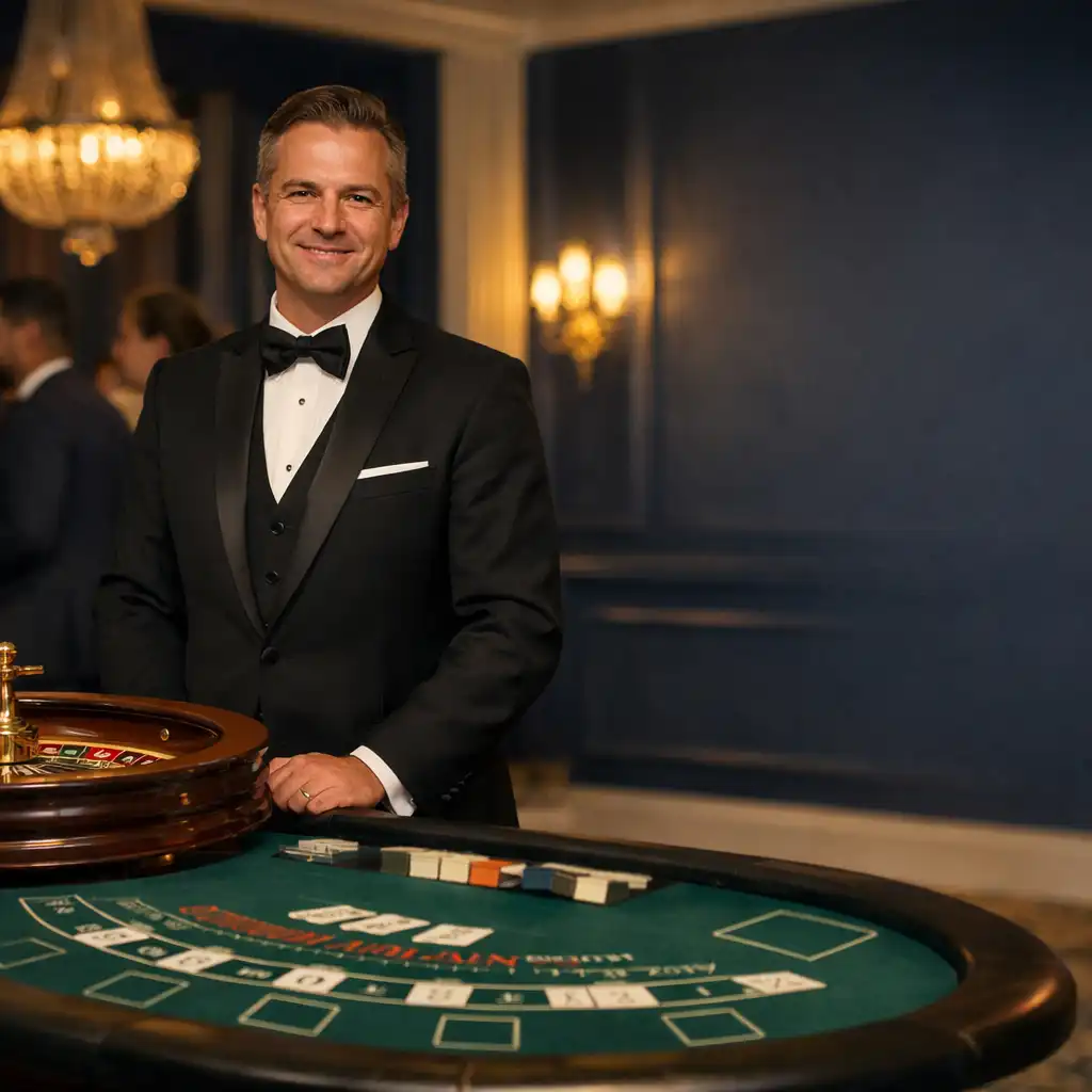 Croupier professionnel près d’une table de salle de cartes mobile dans une réception
