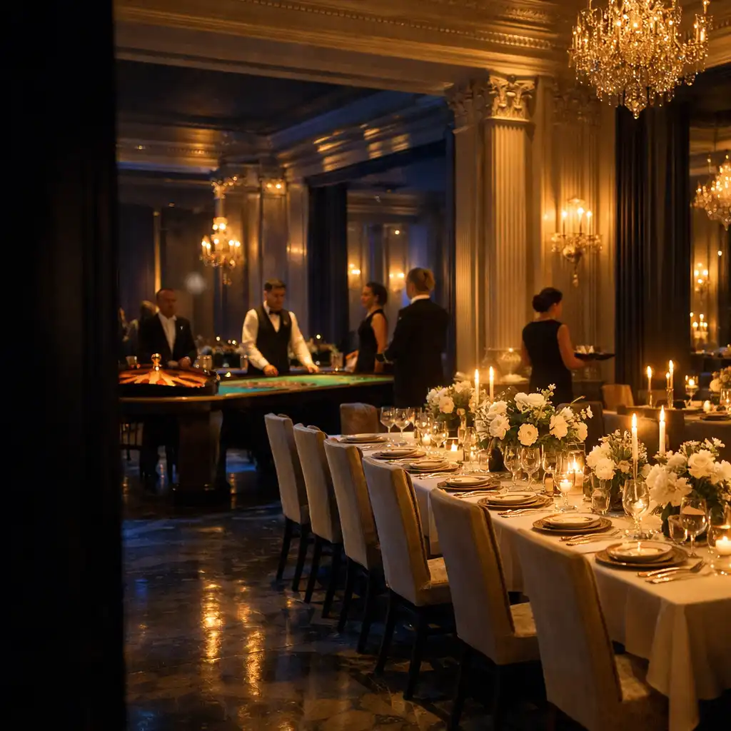 Salle de gala nocturne préparée avec tables d’animation élégantes