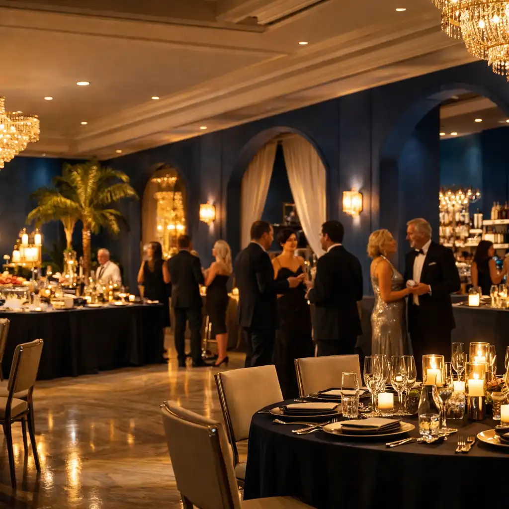 Grand salon de gala nocturne avec invités et tables élégamment intégrées