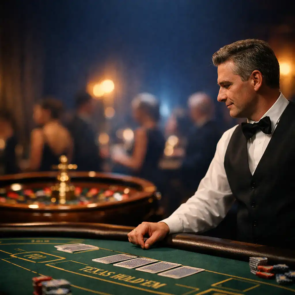 Croupier professionnel près d’une table de poker et d’une roulette dans un décor de gala.