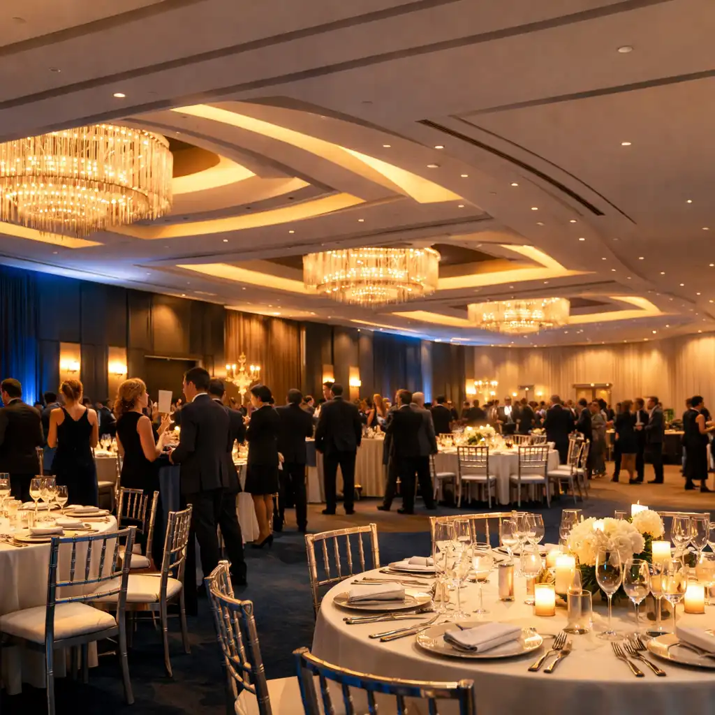 Grande salle de gala d’entreprise avec tables dressées, lumière chaude et invités vus de loin.