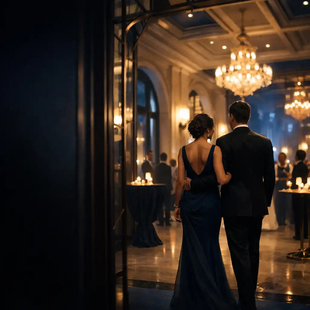 Arrivée d’un gala dans une salle de réception contemporaine éclairée en bleu nuit et champagne.