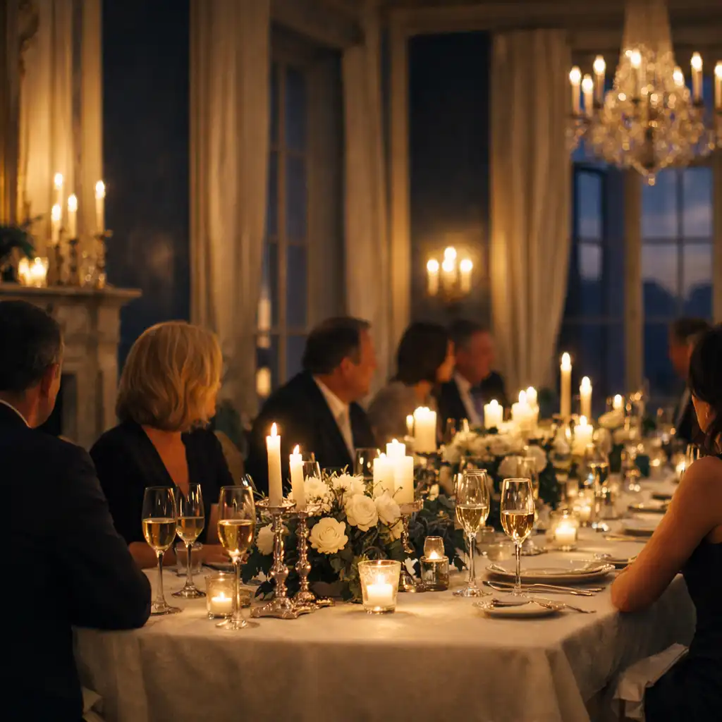 Dîner de célébration privée dans une salle élégante, avec longue table et lumière de soirée.