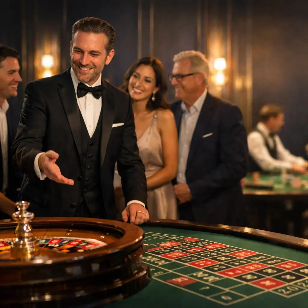 Croupier professionnel animant une table de roulette physique lors d'une réception privée