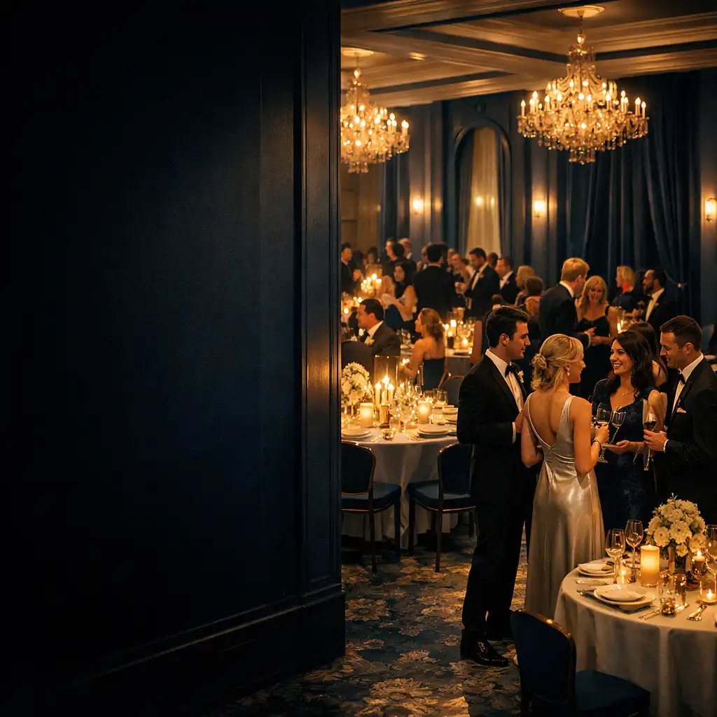 Invités réunis dans une salle de réception privée élégante à la lumière champagne