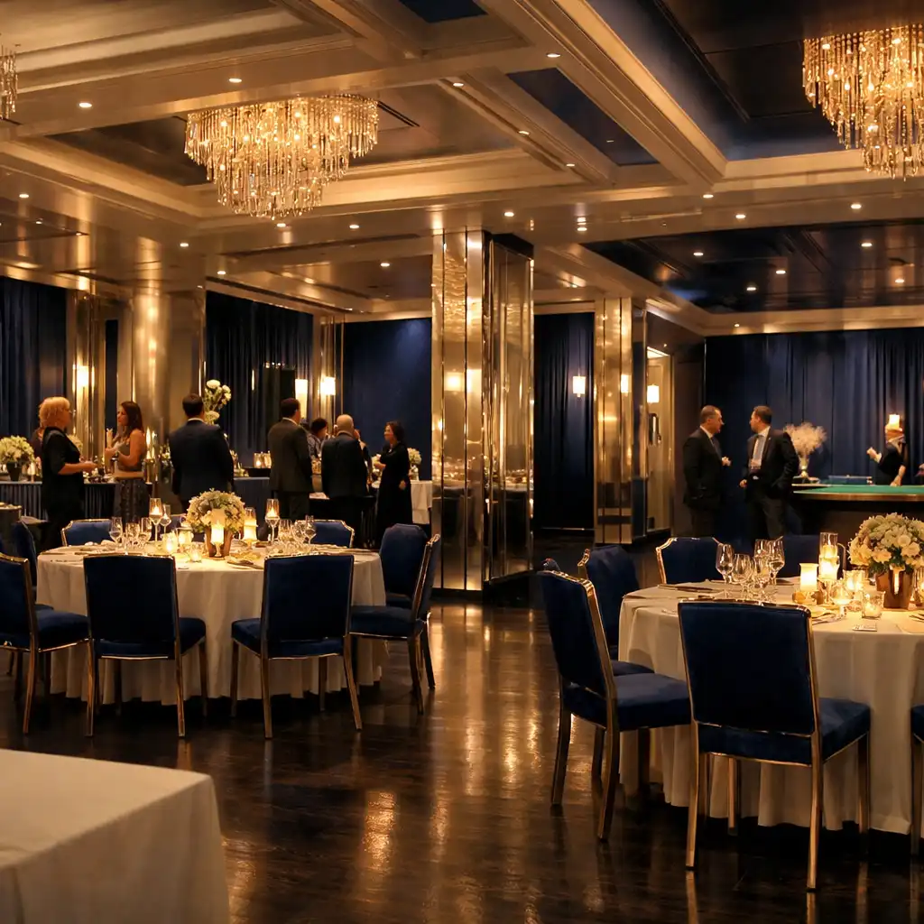 Salle de réception privée de nuit avec tables élégantes et lumière champagne