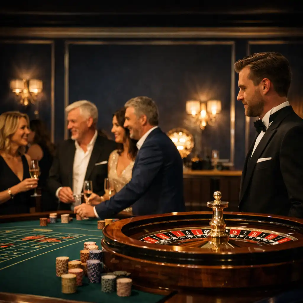 Roue de roulette et croupier professionnel dans une réception privée élégante