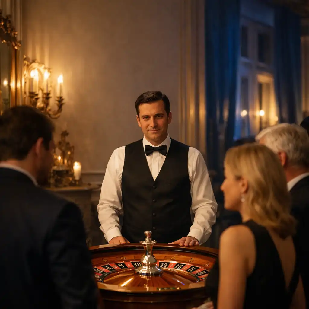 Croupier professionnel animant une table de roulette lors d’une réception