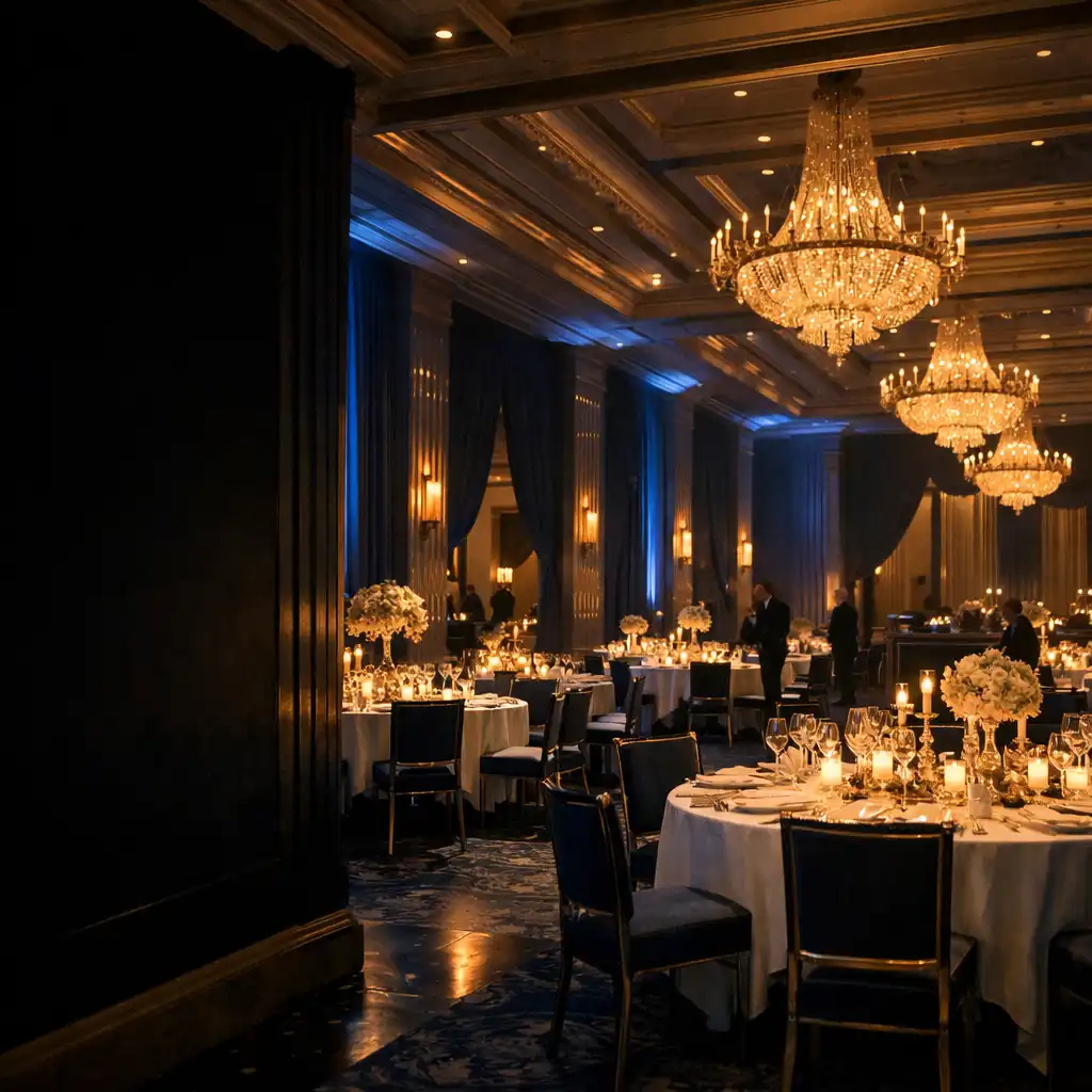 Salle de gala contemporaine préparée pour une réception nocturne