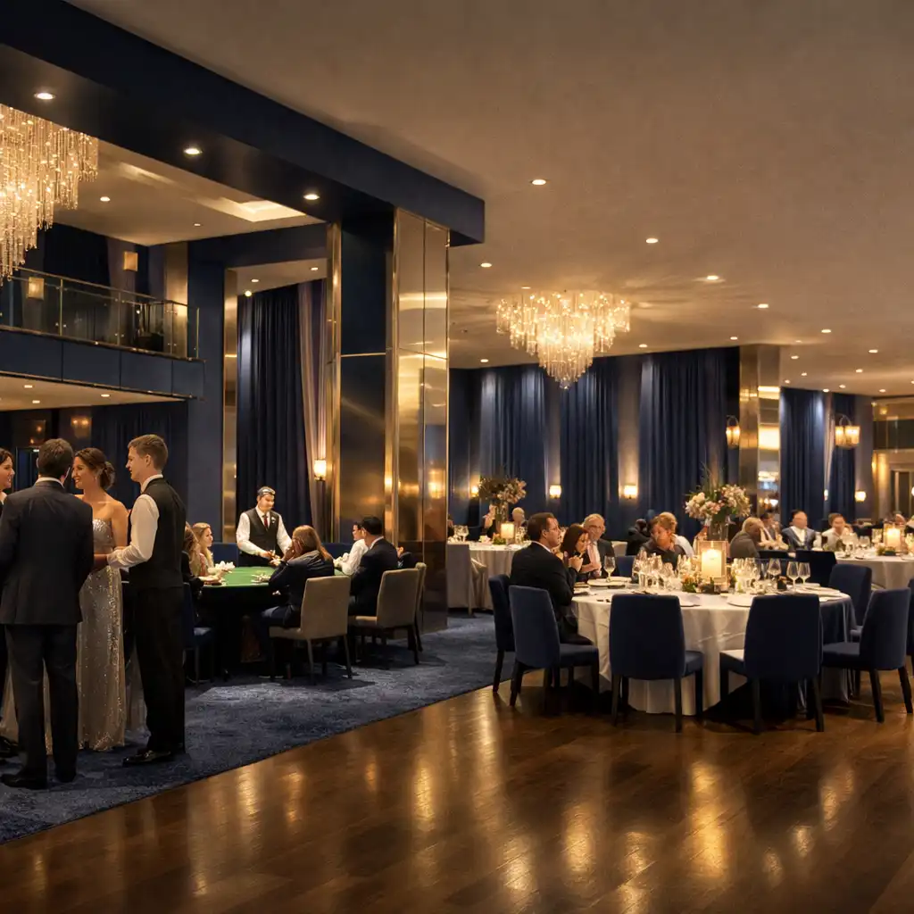 Espace de réception de gala avec invités et personnel d’accueil